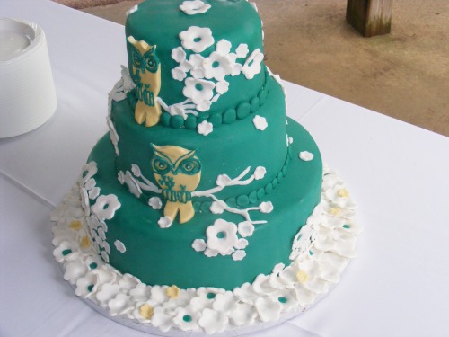 Owl Wedding Cake Teal and Yellow with Flowers